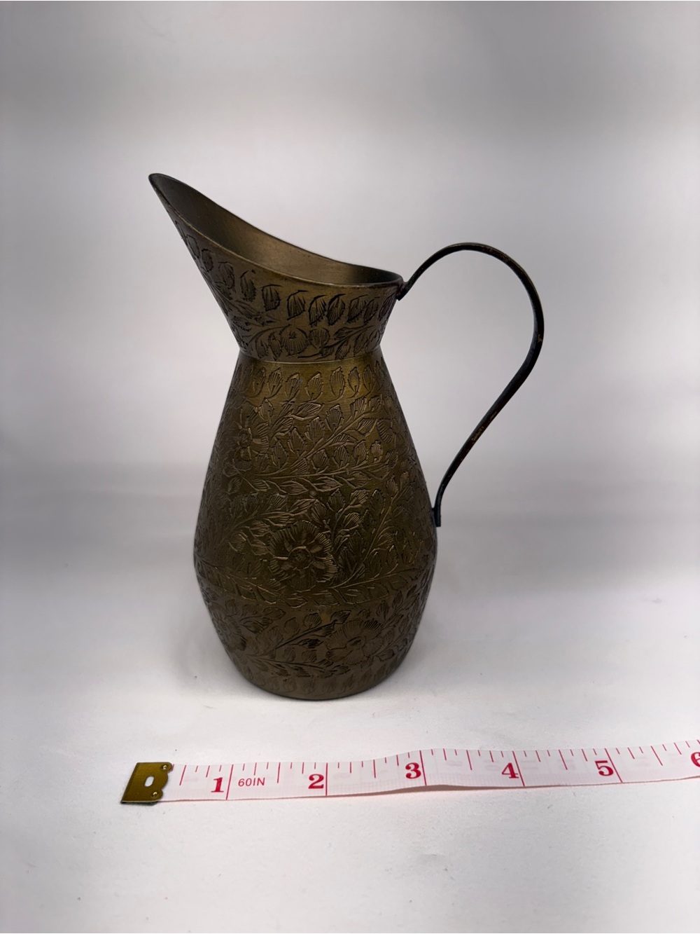 Vintage Etched Brass Pitcher 6" Floral Leaf Design Boho Decor India